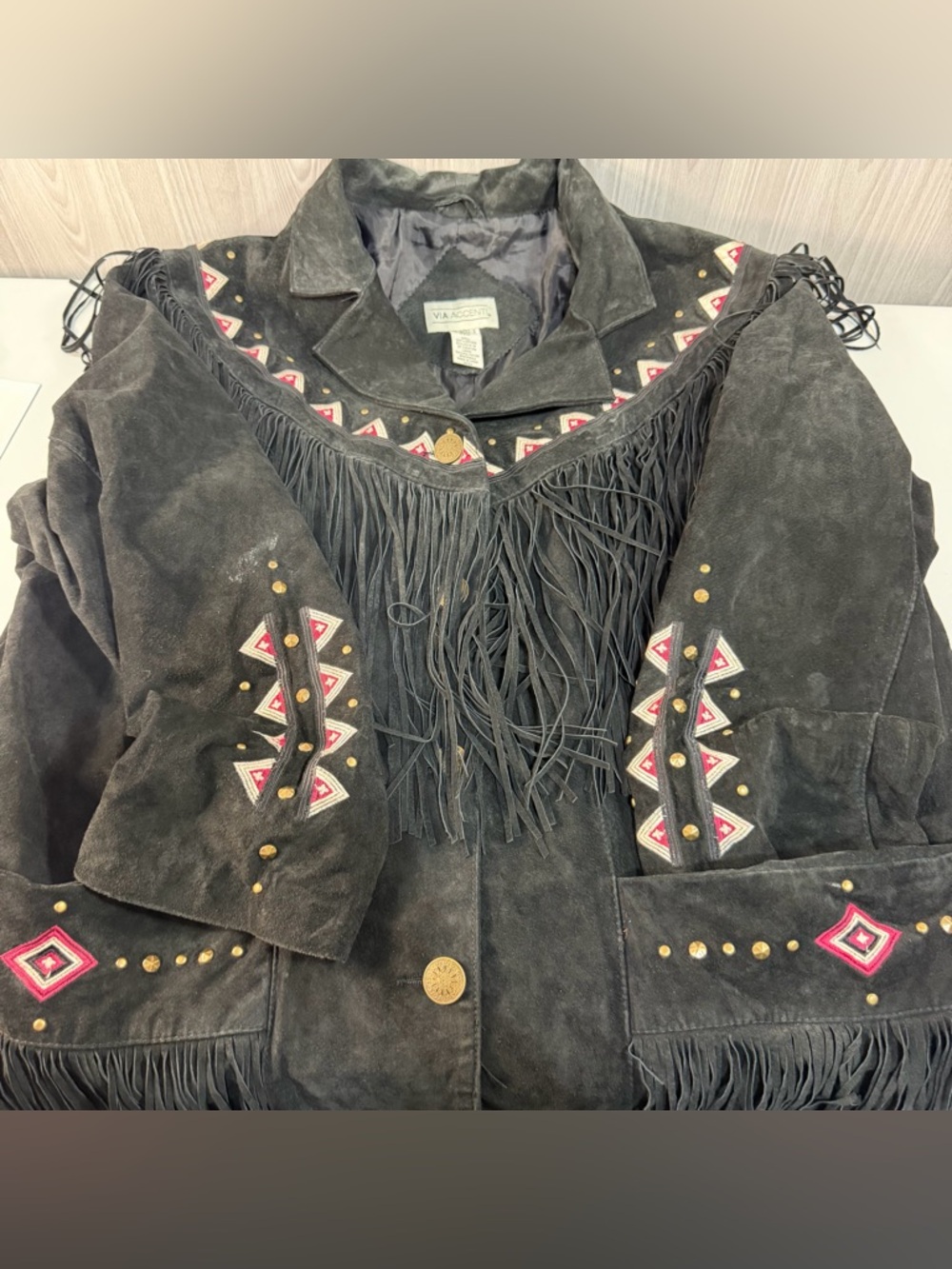 Vintage Leather Black Suede Fringe Western Women’s 22 Plus Embroidered Coat Read - Picture 8 of 8